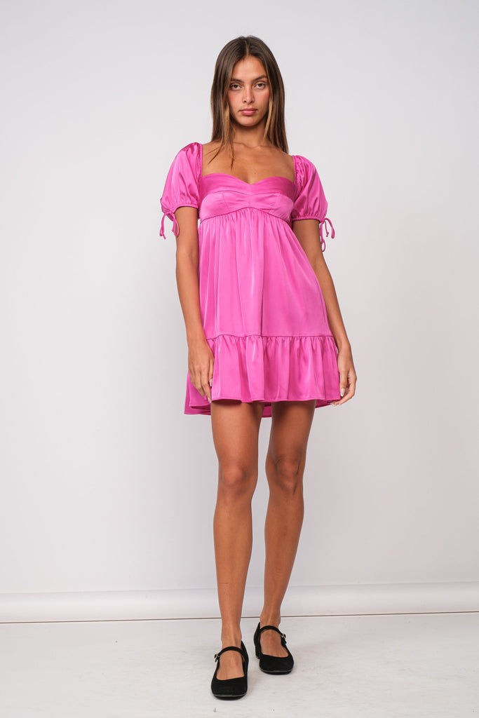 Pink Satin Puff Sleeve Mini Dress