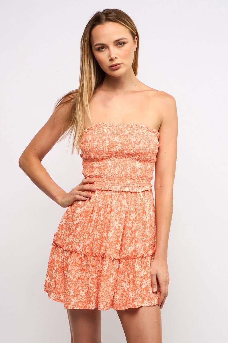 Alana Orange Floral Strapless Floral Sundress - Front View