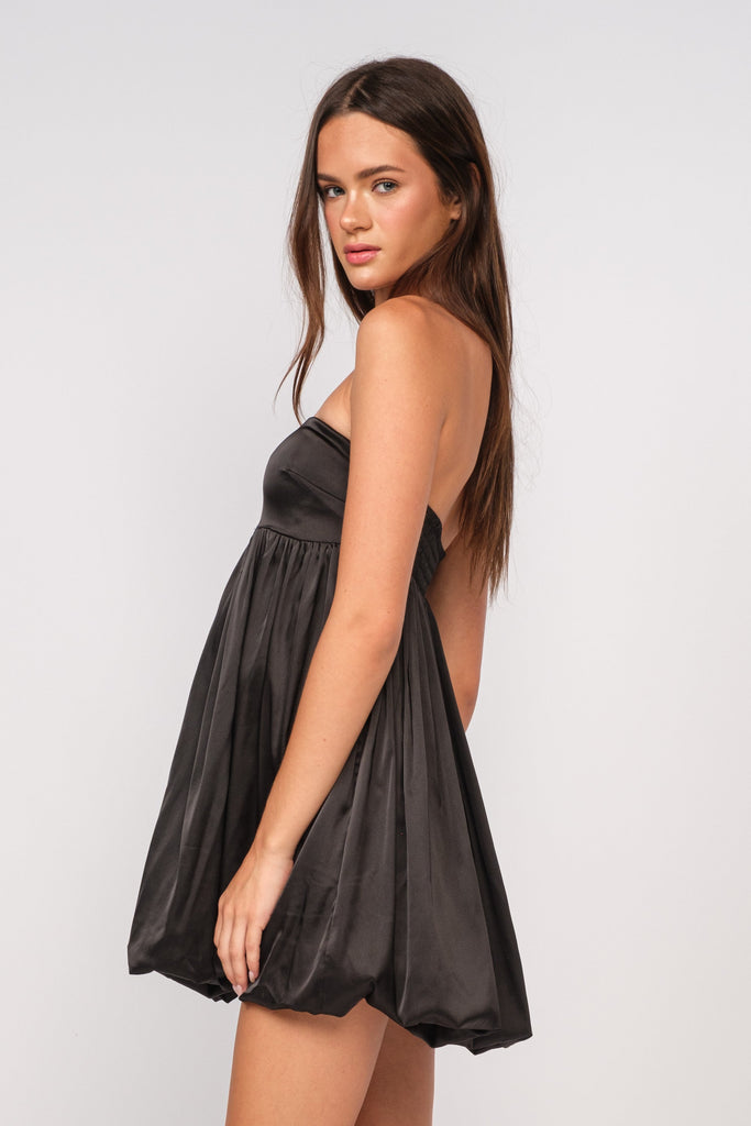 Black Satin Strapless Bubble Dress