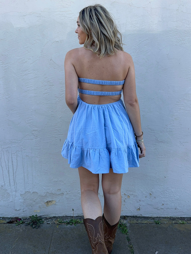 Blue Backless Romper Dress