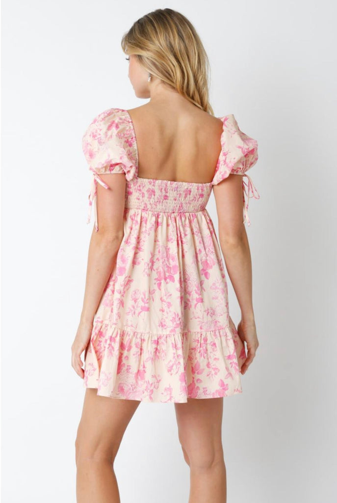 Pink Floral Puff Sleeve Babydoll Dress
