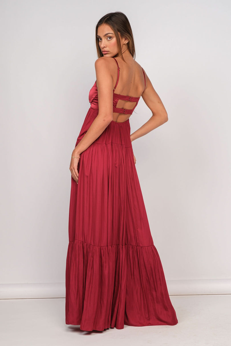 Blaire Burgundy Satin Tiered Maxi Dress styled as formal wedding guest dress