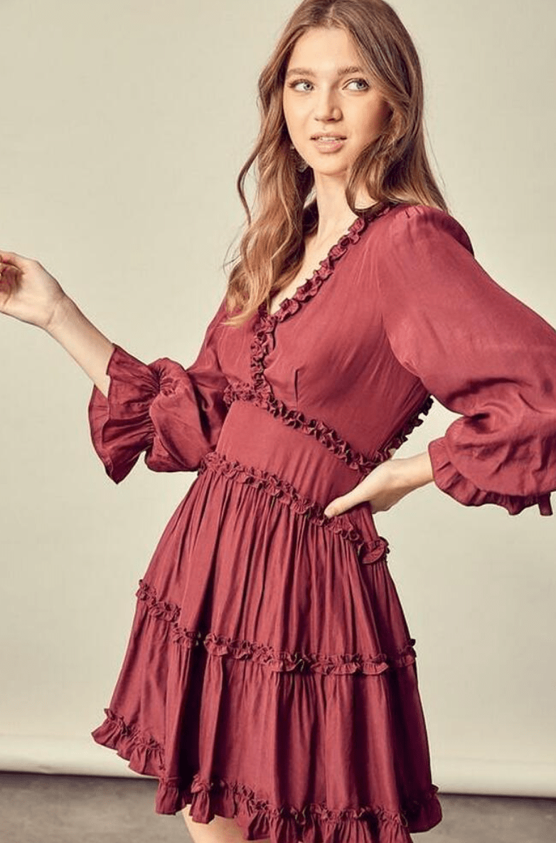 Wine Long Puff Sleeve Ruffle Mini Dress