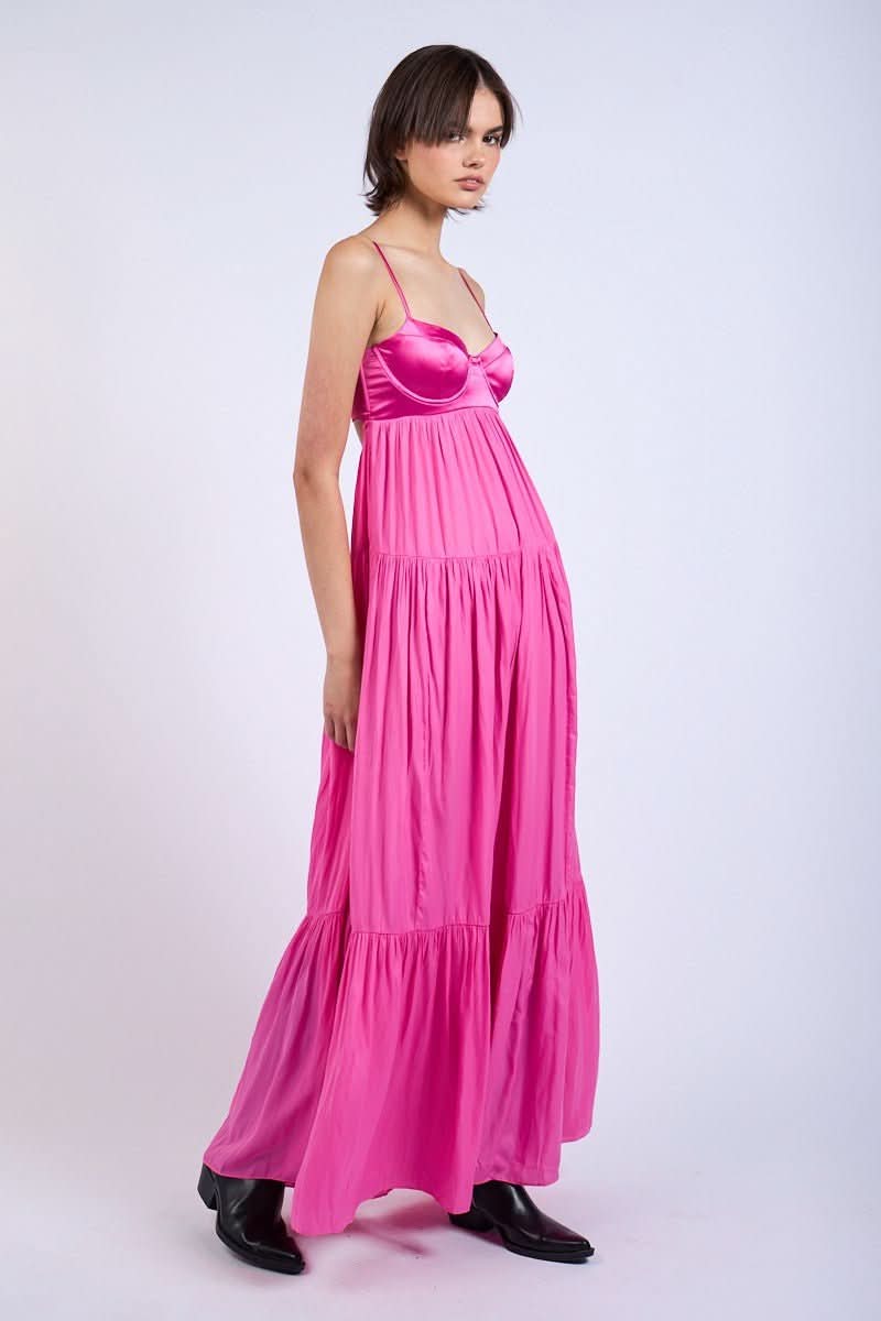 Blaire Pink Satin Tiered Maxi Dress from our college fomal dresses collection