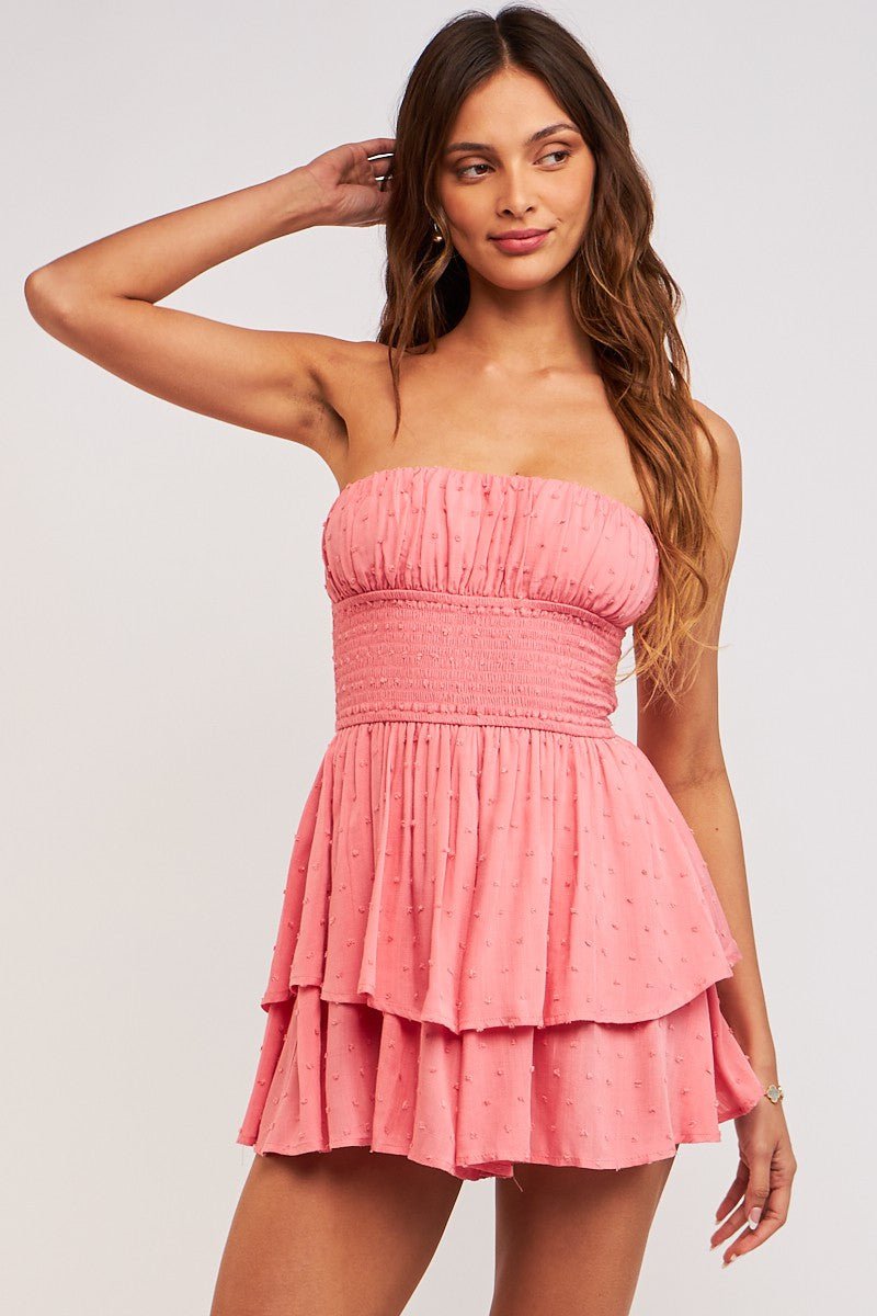 Rose Romper Strapless Smocked Romper Dress Boho Pink