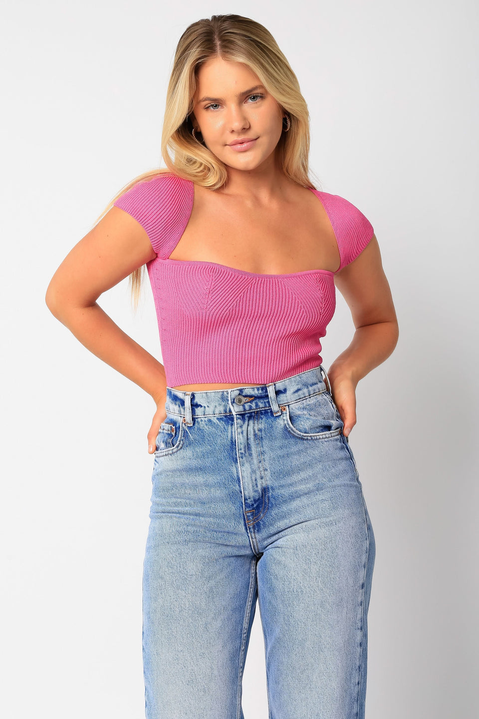Pink Cap Sleeve Sweater Crop Top