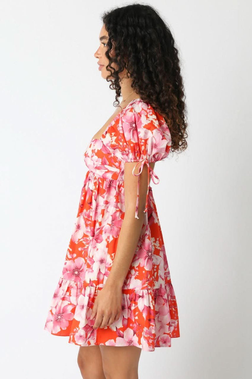 Jessie Orange and Pink Floral Babydoll Mini Dress a floral babydoll mini dress