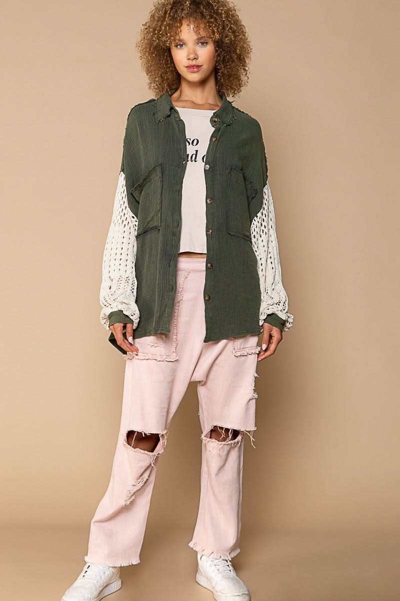 Lesley Olive Green Crochet Sleeve Shacket - Front View