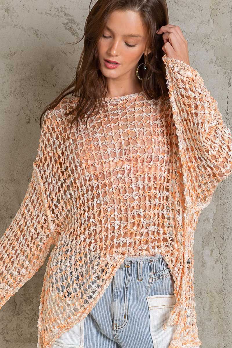 Lucky in Love Orange Oversized Crochet Sweater - Front View