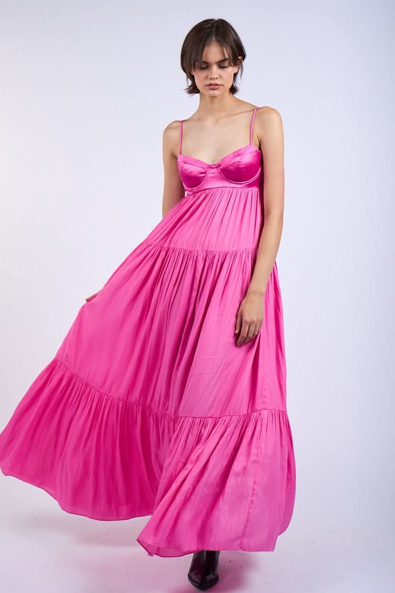 Blaire Pink Satin Tiered Maxi Dress from our prom dresses collection