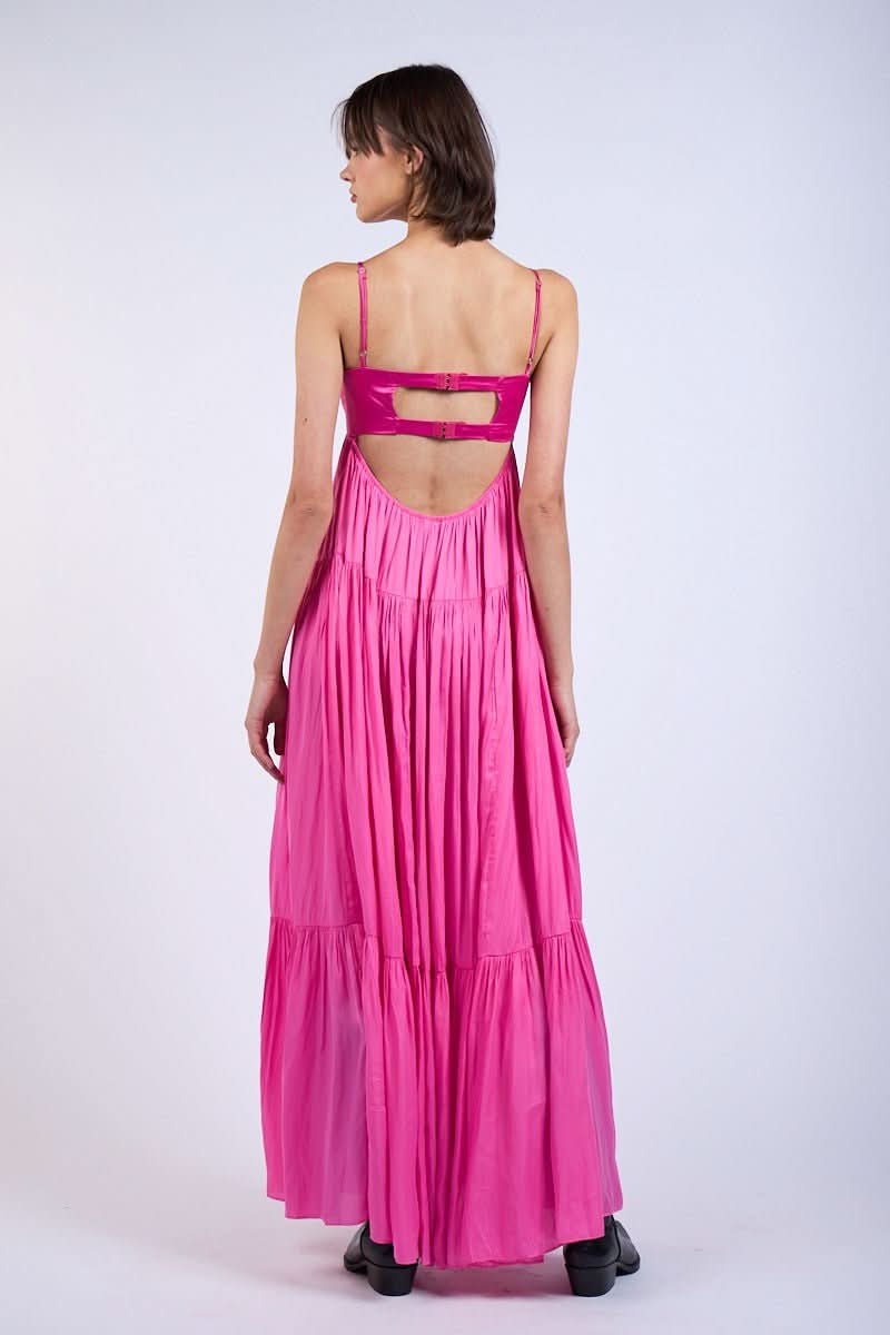 Blaire Pink Satin Tiered Maxi Dress a back view of a satin maxi gown.
