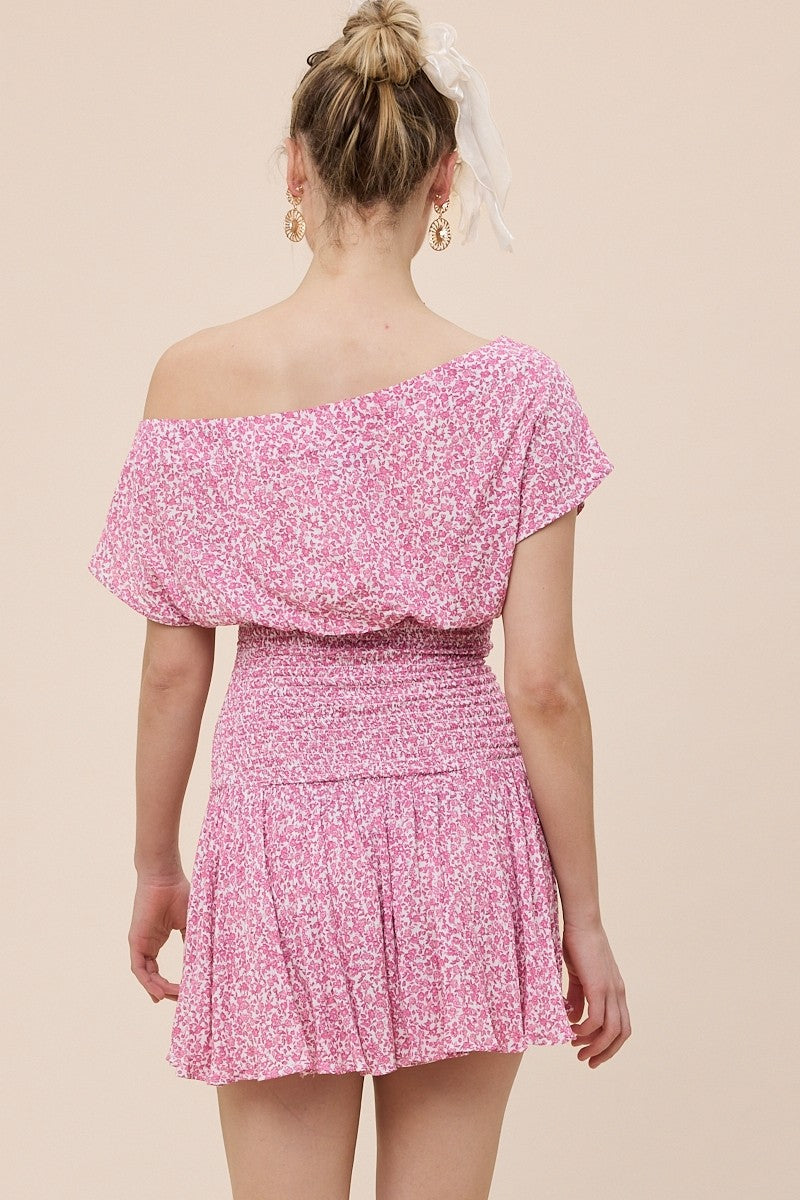 Pink Floral Drop Waist Mini Dress