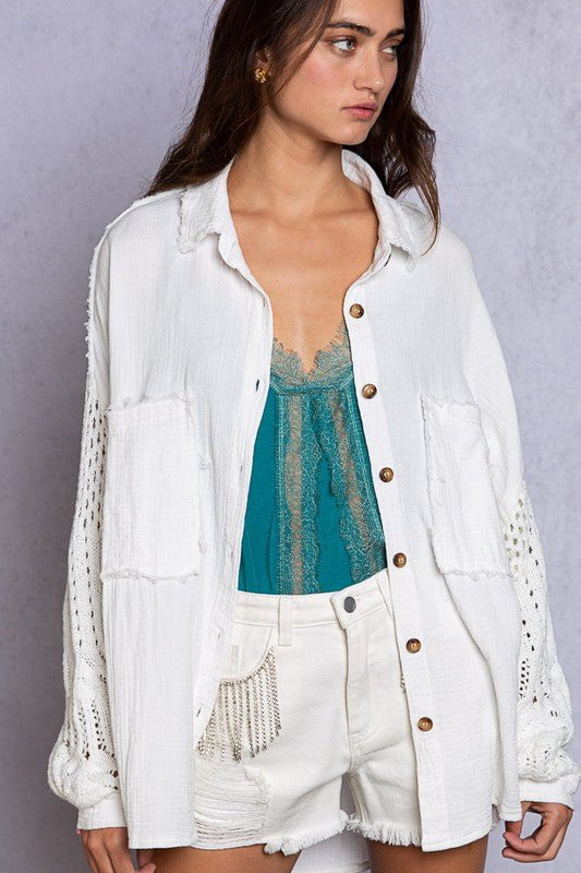 White Shacket - Crochet Sleeve Shacket - Shirt Jacket | Boho Pink