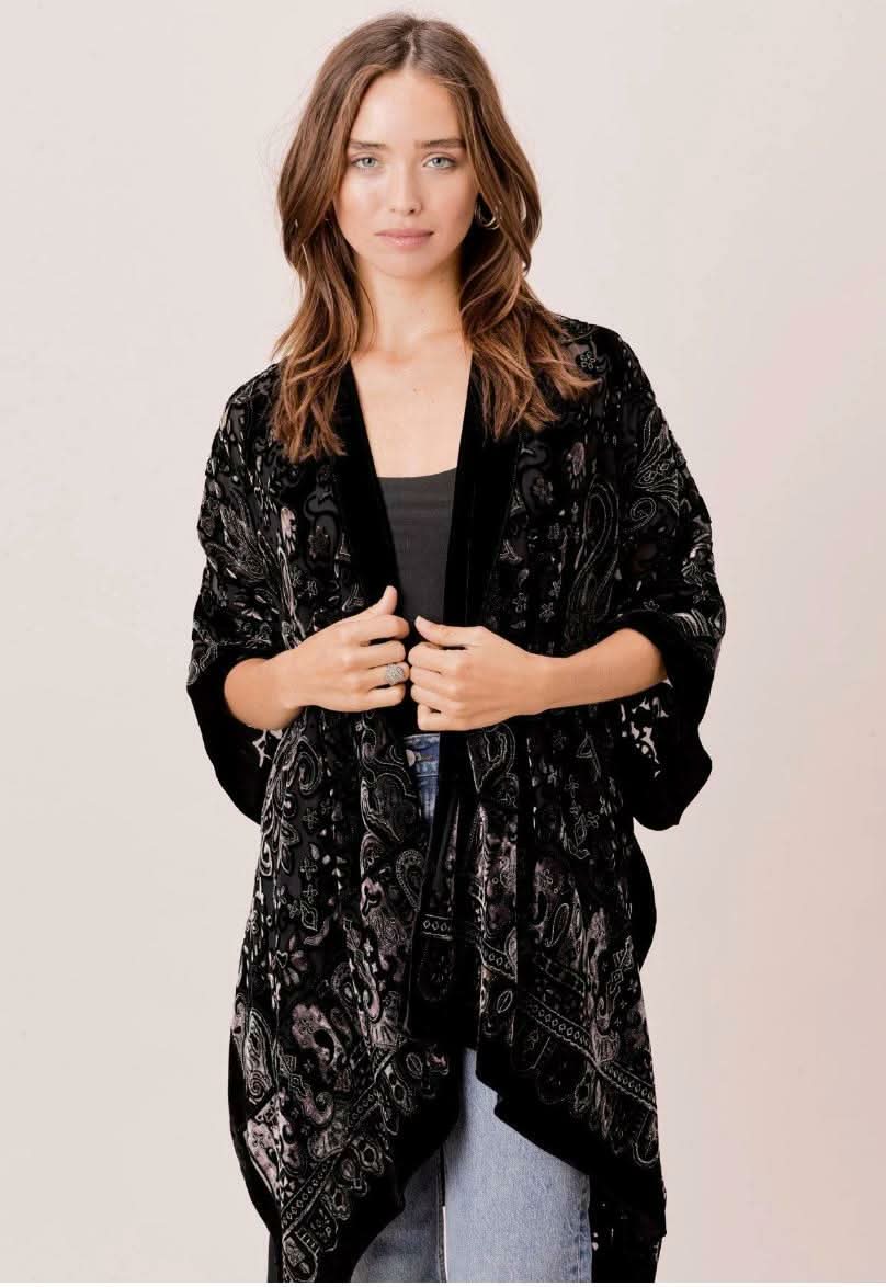 Black Floral Burnout Velvet Kimono