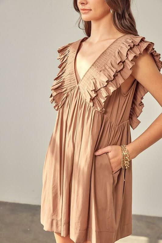 Brown Ruffle Romper Dress