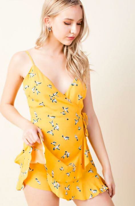 Yellow Bird Print Romper