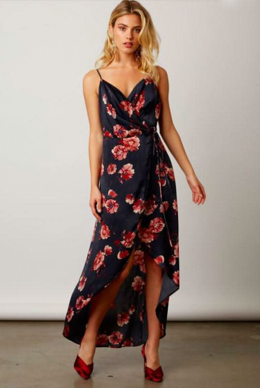 Heidi Navy Satin Floral Wrap Maxi Dress - Front View