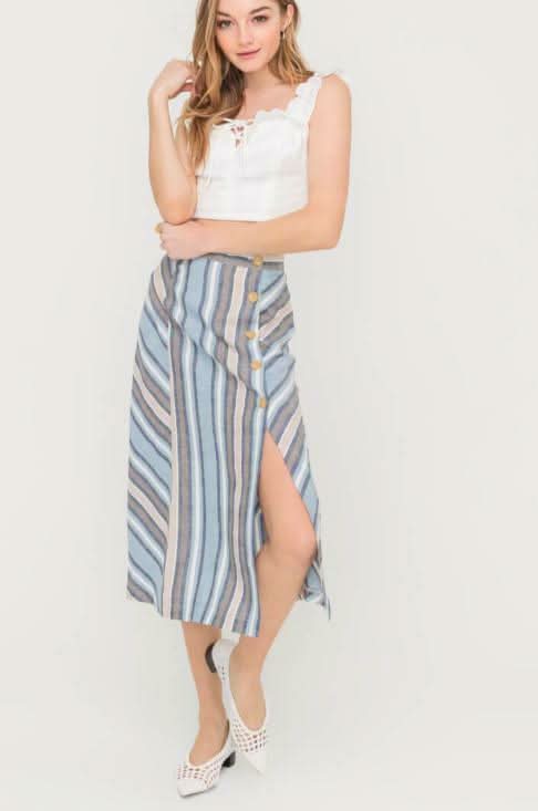 Denim Blue Stripe Print Midi Skirt