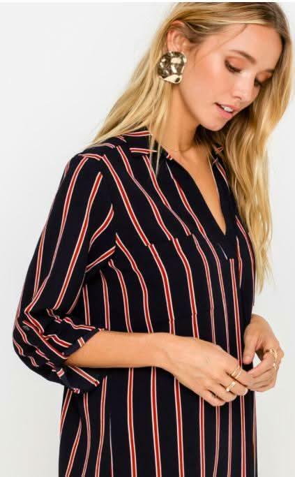 From the City Navy and Rust Striped Shirt Dress -  BohoPink