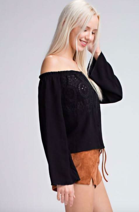 Evia Eyelet Off-the-Shoulder Bell Sleeve Top -  BohoPink