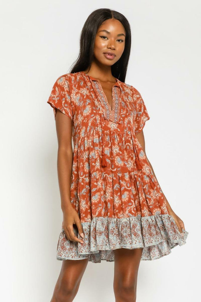 Rust Floral Print Mini Dress