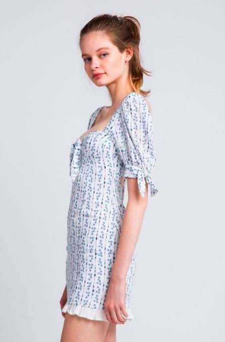 White and Blue  Floral Print Mini Dress