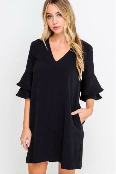Black Ruffle Sleeve Shift Dress