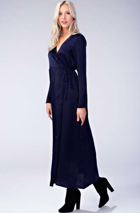 Navy Blue Satin Long Sleeve Maxi Dress