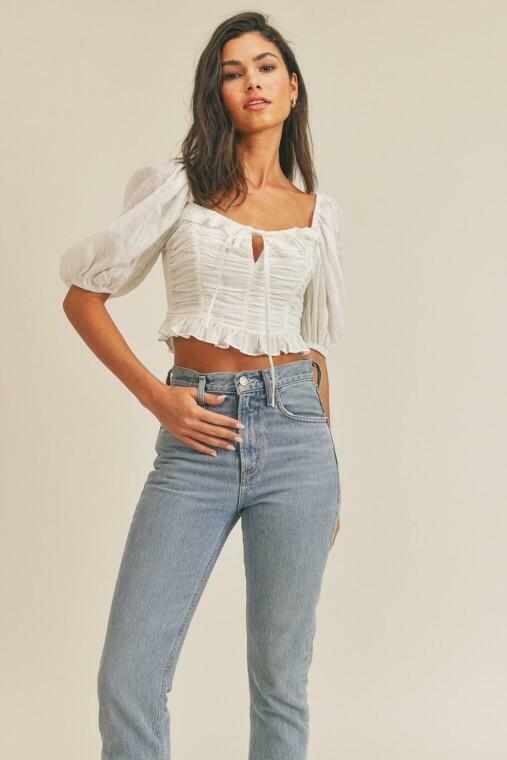 Kimberly White Square Neck Puff Sleeve Crop Top -  BohoPink