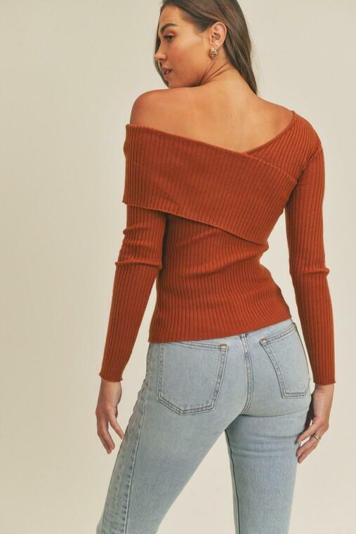 Lara Rust Ribbed Off-The-Shoulder Sweater Top -