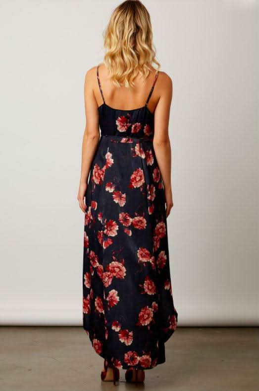 Heidi Navy Satin Floral Wrap Dress -  BohoPink