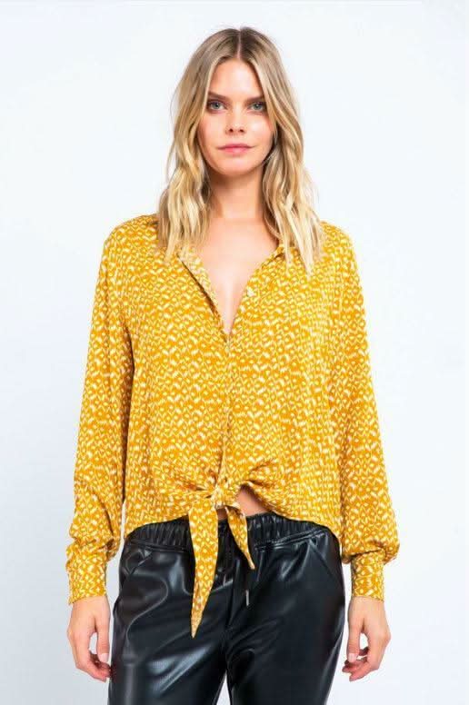 Yellow Print Tie-Flot Top Long Sleeves