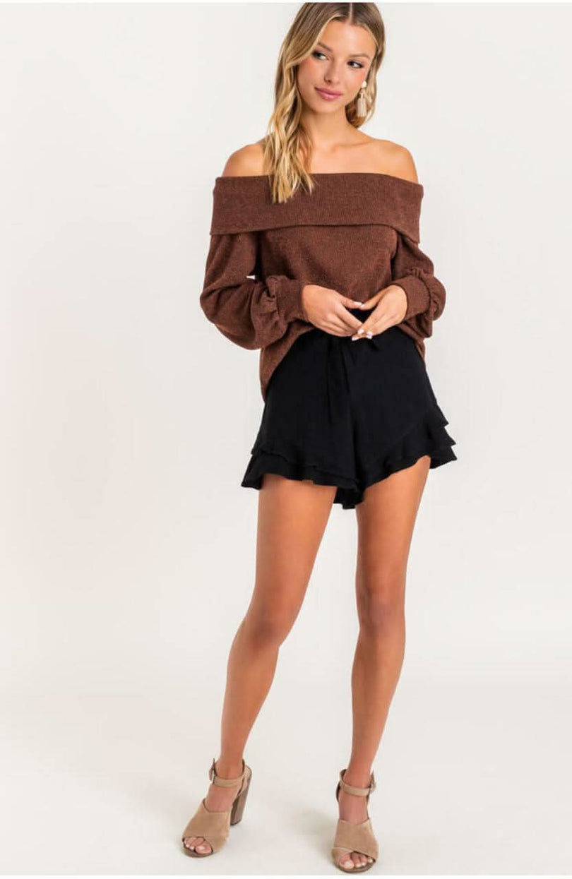Black Tie-Front Ruffle Shorts