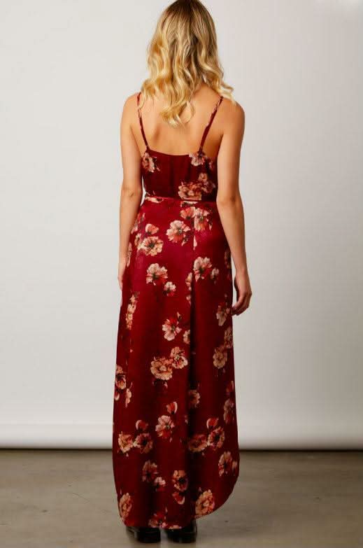 Heidi Wine Satin Floral Wrap Dress -  BohoPink