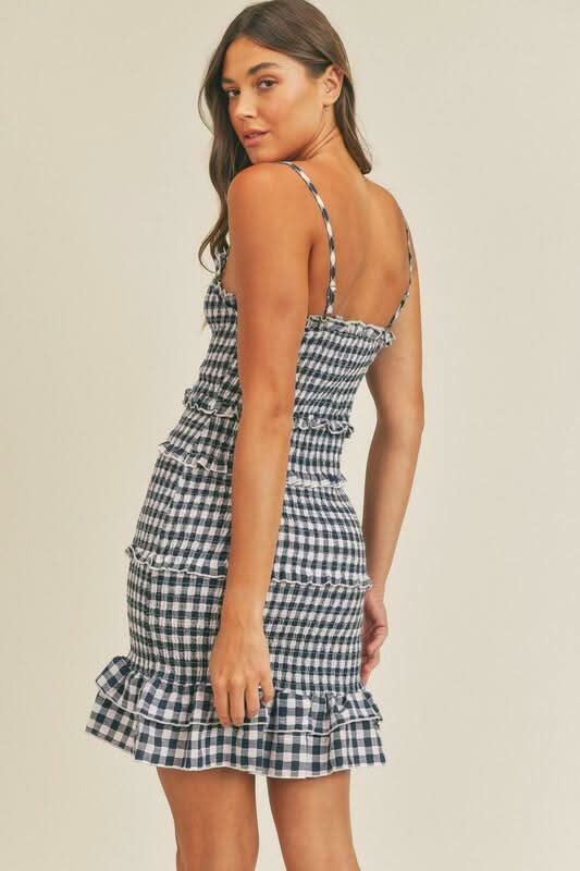 Navy Blue Gingham Smocked Ruffle Mini Dress