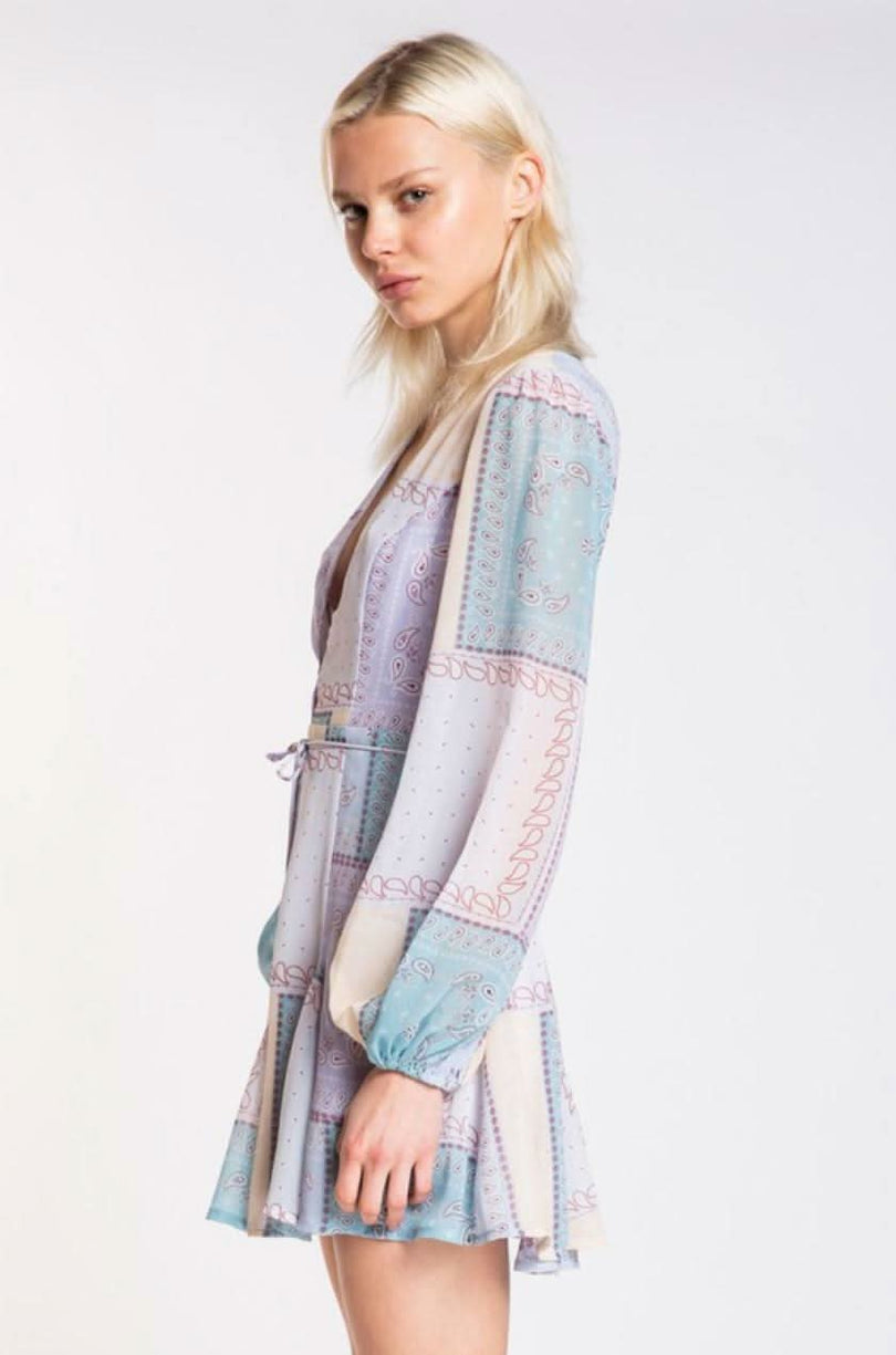 Patchwork Print Long Sleeve smocked mini dresses