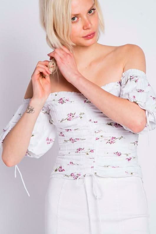 Purple and White Floral Print Off-the-Shoulder Top a floral strapless top