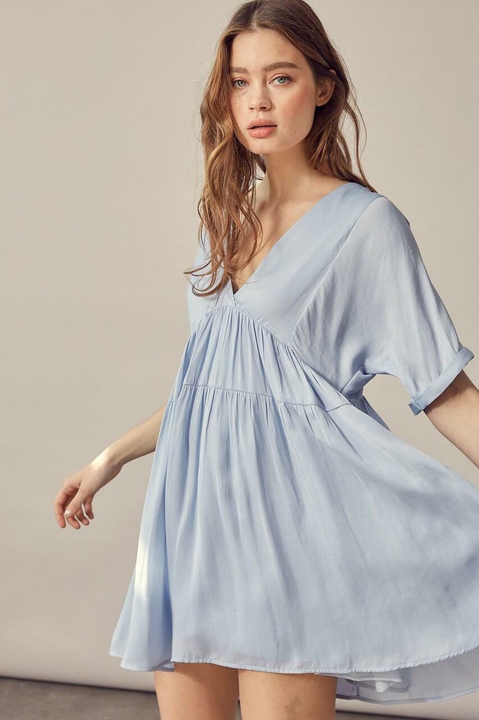 V-Neck Short Sleeve Blue Mini Dress