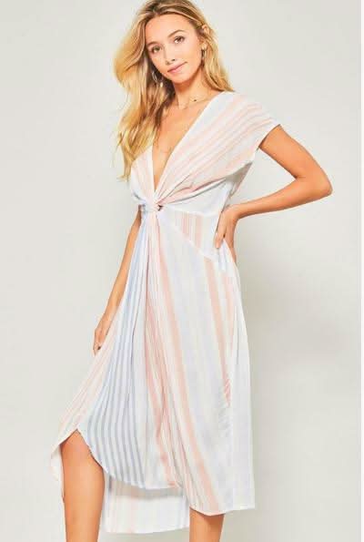 By The Sea Blue Striped Knotted Midi Dress -  BohoPink