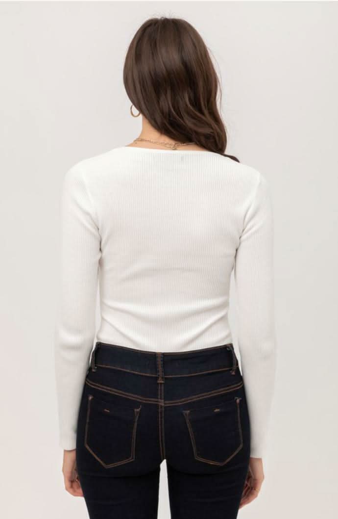 Kelli White Ribbed Long Sleeve Bodysuit -  BohoPink