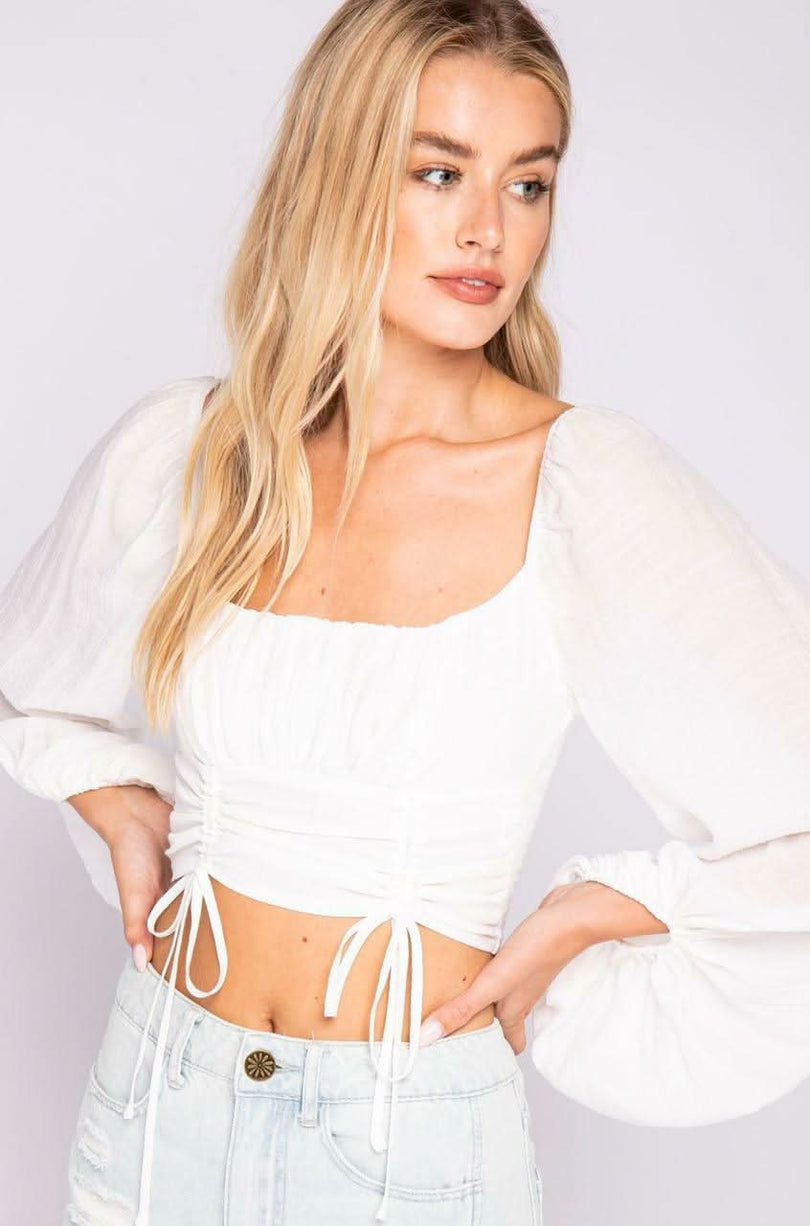 Je T'aime White Bubble Sleeve Crop Top a puff sleeve blouse