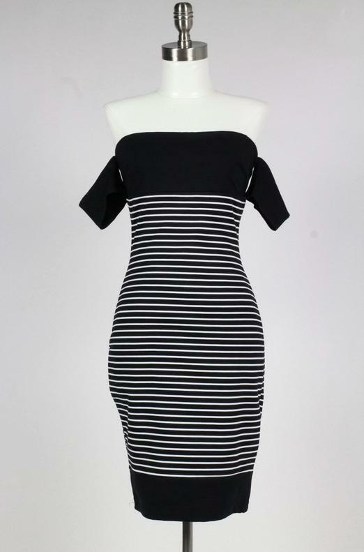 Black and White Striped Off-the-Shoulder Midi Dress