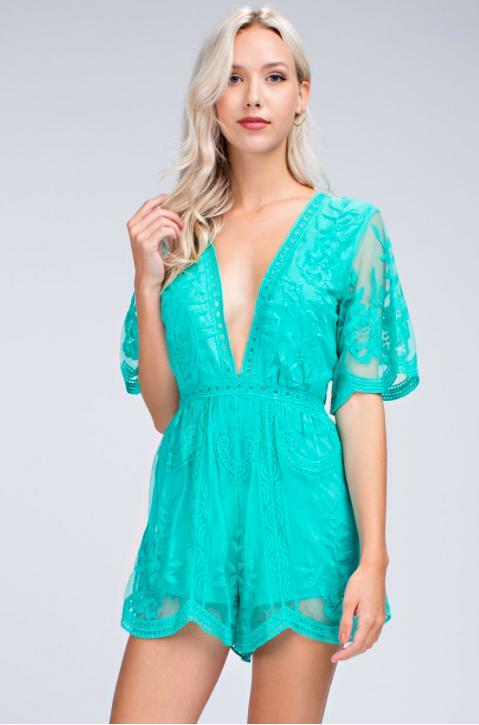 Turquoise Lace Deep V Romper 