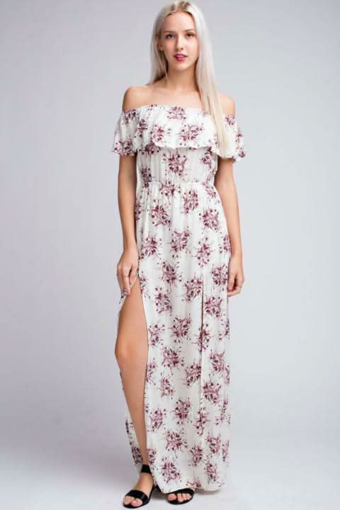 I Adore White Floral Print Off-the-Shoulder Maxi Dress -  BohoPink