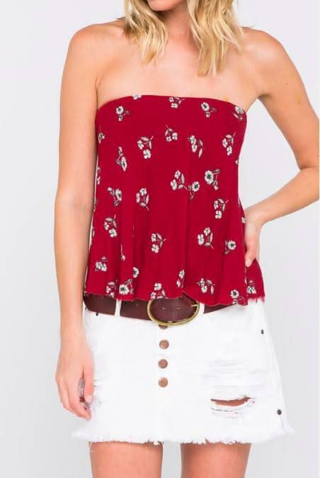 Red Floral Strapless Top