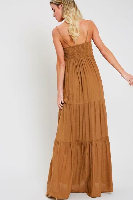 Falling In Love Tie-Front Tiered Camel Maxi Dress -  BohoPink