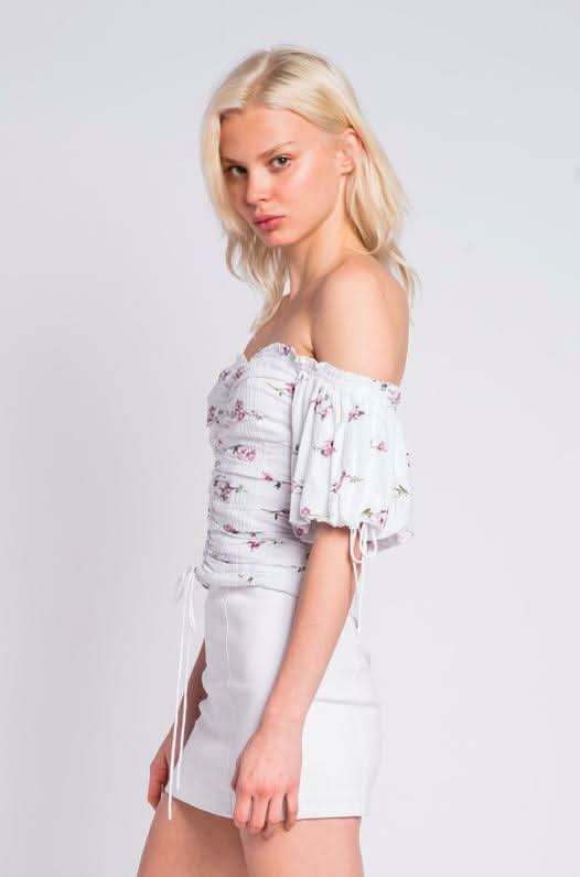 Summer Garden Purple and White Floral Print Off-the-Shoulder Top a summer top