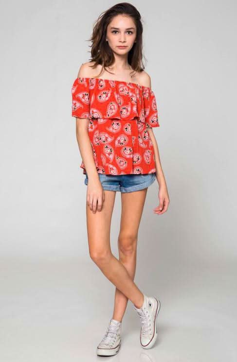 Red Floral Print Off-the-Shoulder Top