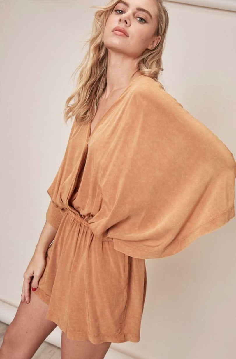 Mustard Tie-Dye Dolman Sleeve Surplice Romper