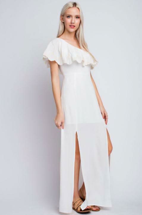 One shoulder white ruffle maxi